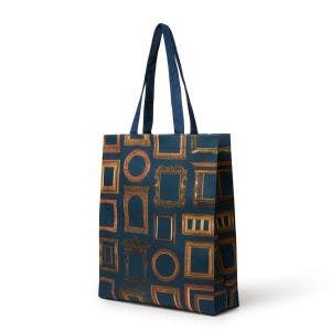 Blue tote bag with an all-over print of gold frames