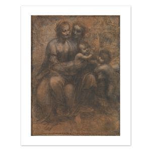 A white bordered print showing Leonardo da VInci's drawing of two women and two children.