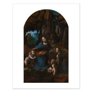 A white bordered print of a leonardo da vinci painting featuring two women and two children.