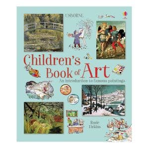 A collage-style book cover for Children's Book of Art, featuring illustrations of painters and iconic artworks, including Monet's Waterlily Pond.