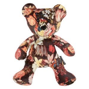 Main image of the Bosschaert Teddy Soft Toy. Printed all over with details from Bosschaert's A Still Life of Flowers in a Wan-Li Vase