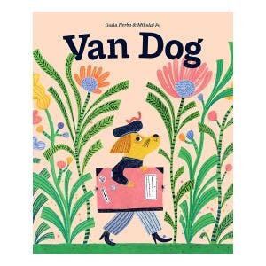 Image of the Van Dog book cover showcasing a colourful illustration of a dog dressed as Van Gogh amongst giant flowers