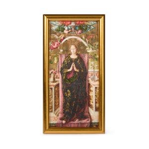 A gold framed print showing the painting.