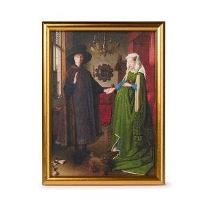 A gold framed print showing the painting.