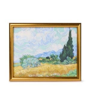 A gold framed print showing the painting.