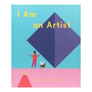 A blue book cover with the book title in yellow and showing an illustration  young artist wearing red 