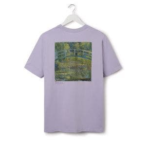 Back of a lavender t-shirt showing Monet's painting The Water-Lily Pond.