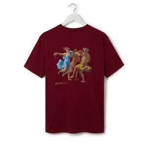 Back of a maroon t-shirt with a cut-out image of people dancing.