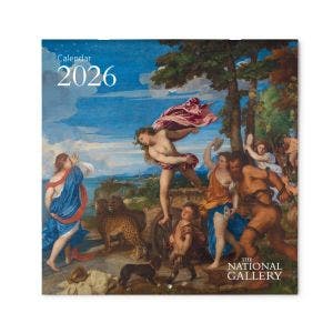 Front cover of the 2026 Square Wall Calendar showing a detail of Titian's Bacchus and Ariadne with The National Gallery logo printed in white
