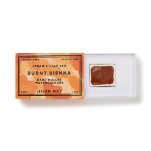 An open box of burnt sienna watercolour paint.