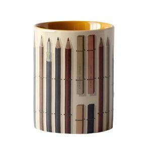 An illustration of coloured pencils decorate the side of a pen pot.