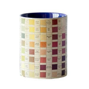 A small pot with colours from a paint palette decorating the sides.