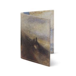 An open wallet showing fine stitching and a detail from Turner's painting.
