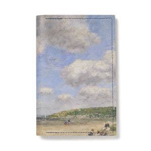 The front side of the leather passport holder, showing the beach detail from Eugène Boudin's painting  The Beach at Tourgéville-les-Sablons.