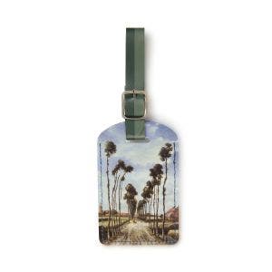 A green striped luggage tag with a detail from The Avenue at Middelharnis.