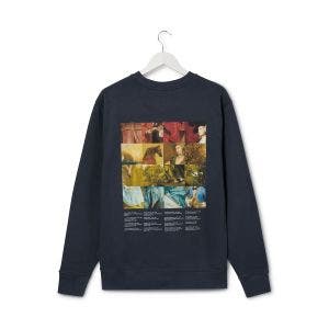16 square details of British art paintings on a dark graphite sweatshirt.