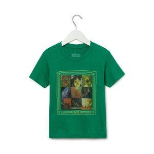 A green t-shirt on a hanger.