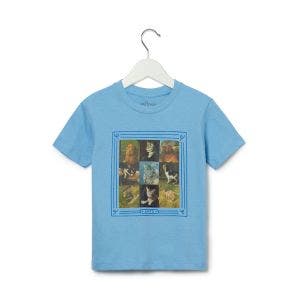 Cats such as leopards, pet cats and tigers on a blue t-shirt on a white hanger.