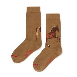 A pair of brown socks with a horse stitched on and the National Gallery logo.
