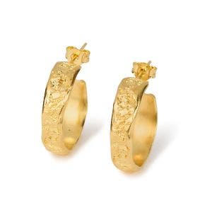A set of gold-plated hoop earrings  with a blue texture design 