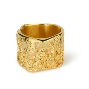 A wide gold-plated ring with a textured design