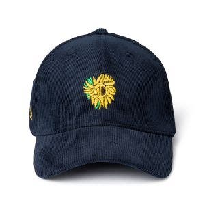 A navy blue corduroy cap with a sunflower embroidered on the front, inspired by Vincent van Gogh
