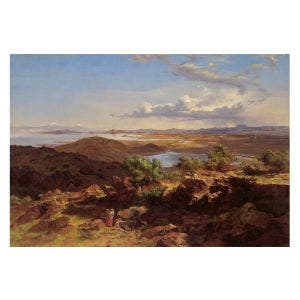 An image of a postcard showing The Valley of Mexico from the Hill of Santa Isabel by Velasco.