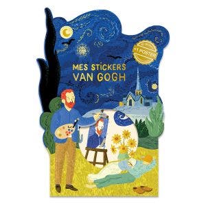 A sticker book showing a cartoon of Van Gogh painting a self portrait, and a starry night background.