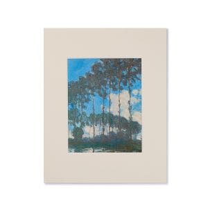 Framed painting of tall trees under a blue sky with clouds, in an impressionist style.