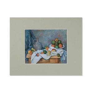 A grey mount frame and a painting of a jug, oranges and pears.