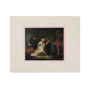 A beige and pink mounted print showing three women in distress and two men in period clothing.
