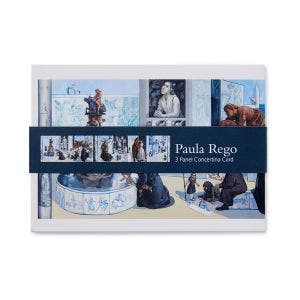 Image of the folded Paula Rego’s ‘Crivelli’s Garden’ concertina card with a blue belly band around 