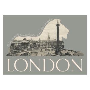 Trafalgar Square in a lion silhouette with the text “Meet me by the lions…” and “LONDON” below.