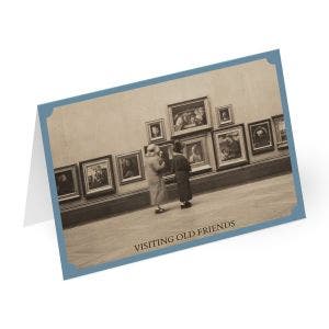 In a historic photograph, two women look at paintings in the National Gallery.