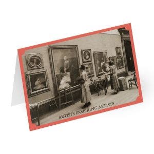 In a historical photograph, two women paint in front of paintings in a National Gallery gallery room.