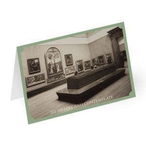 In a historica photograph, people gaze at paintings in the National Gallery gallery room.