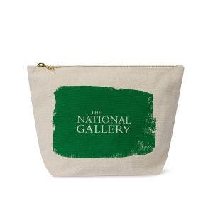 A white cotton pouch with a sturdy zip and a splash of green paint.