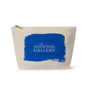 A white cotton pouch with a sturdy zip and splash of ultramarine.