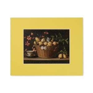 A yellow mounted paper product with a image of Zurbarán's painting.