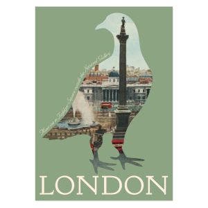 A green poster with a pigeon shape showing a red bus, the trafalgar square fountain and the National Gallery.