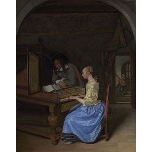 A Young Woman playing a Harpsichord to a Young Man Print