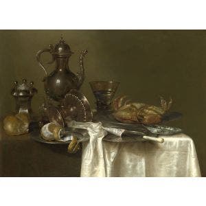 Still Life: Pewter and Silver Vessels and a Crab Print