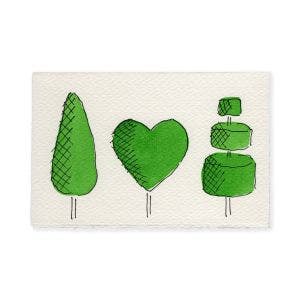 A white illustrated card of three topiary yew trees. 