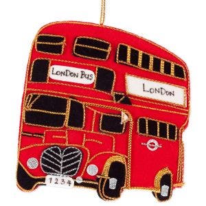 A red felt bus decoration resembling the London double decker buses.