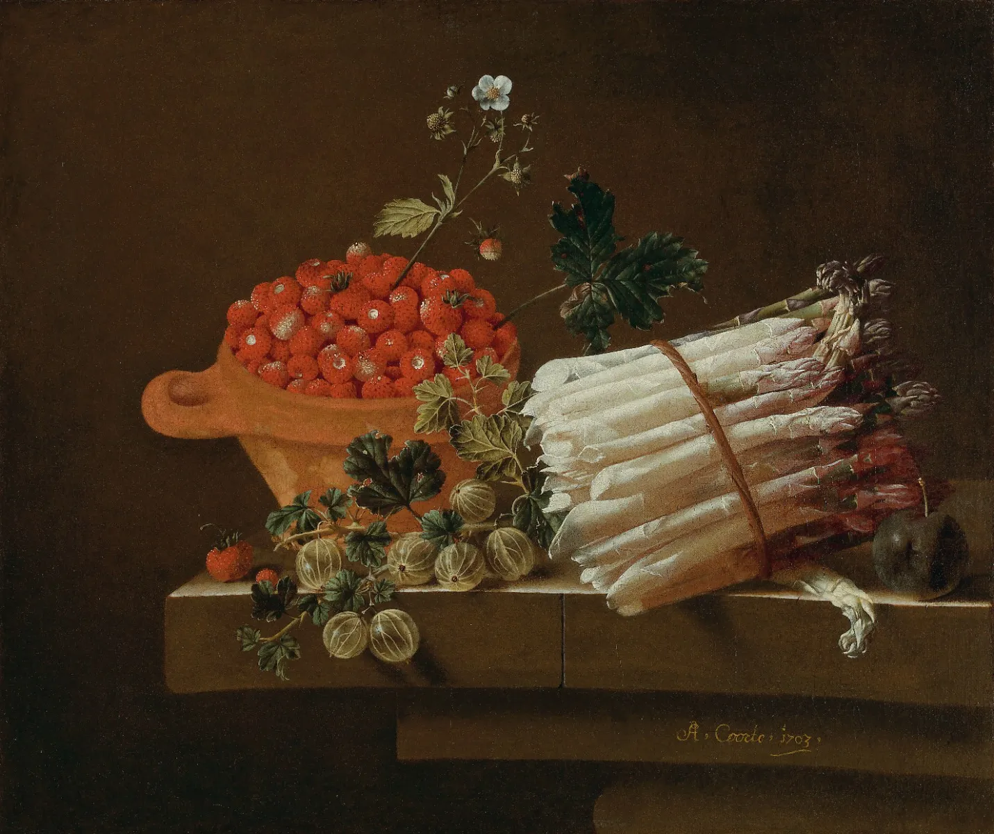 Adriaen Coorte, Still Life with Strawberries, Gooseberries and Asparagus Print