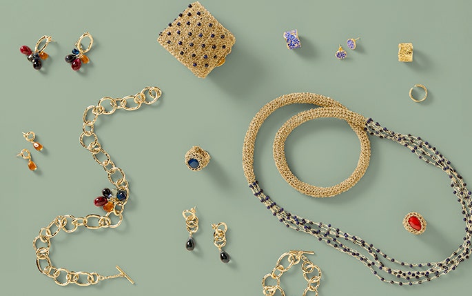 Jewellery pieces including bracelets and necklaces.